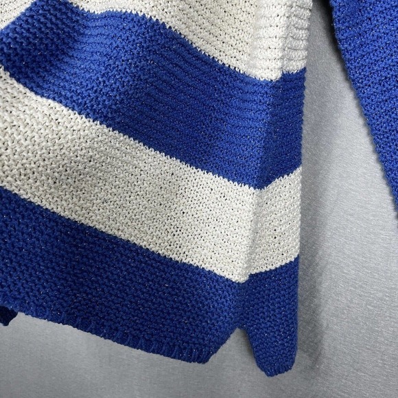Chico's Sweater Top Size 3/XL Blue Striped Metallic Gold Open Knit Pullover - Picture 8 of 13